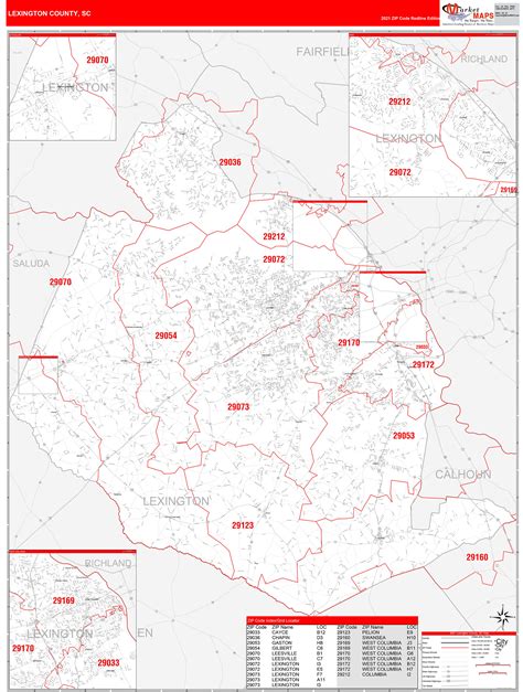 Lexington County, SC Zip Code Wall Map Red Line Style by MarketMAPS ...