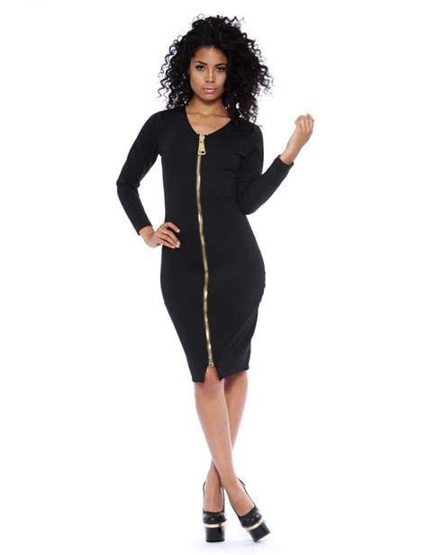 Black Long Sleeve Gold Zipper Front Dress #bodycon #partydress #cocktaildress #midi | Little ...