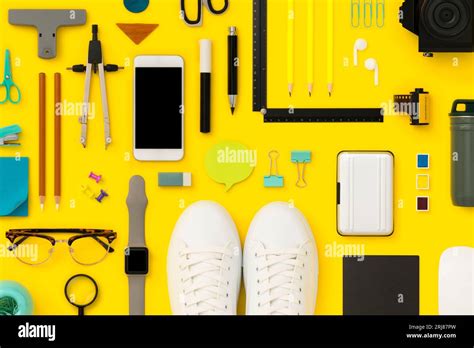 Stationary, school supplies flat lay. Back to school flat lay on yellow ...