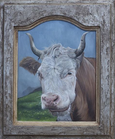 Swiss Cow, Oil Painting on Salvaged Kitchen Cabinet, 13" x 16" : r/Art