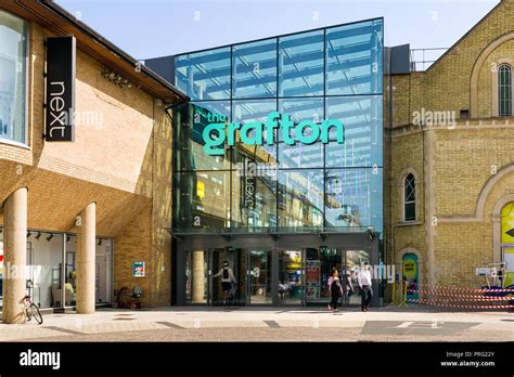 Exterior of the Grafton Centre shopping centre with people walking ...