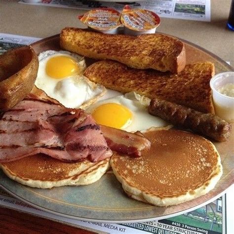 Delicious Breakfast Plate with Pancakes, Bacon, Eggs, and Sausages