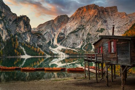 Lago Di Braies Lake and Seekofel Peak at Sunrise, Dolomites. Italy Editorial Photography - Image ...