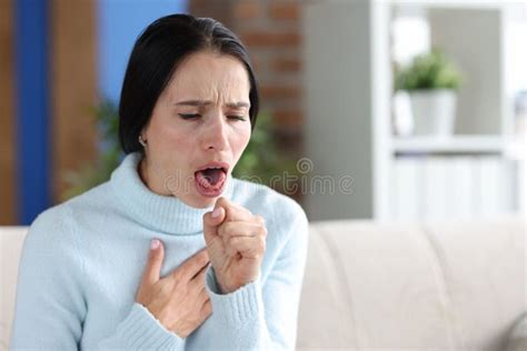 Woman with Coughing Fits Sits on Couch Closeup Stock Image - Image of ...