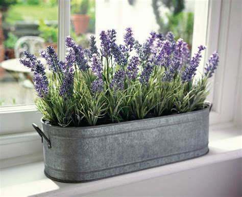 Lavender Windowbox Antique-Zink Effect Buttermilk Planter Artificial Flower Silk