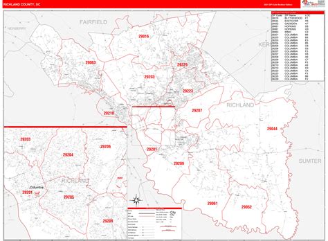 Richland County, SC Zip Code Wall Map Red Line Style by MarketMAPS - MapSales