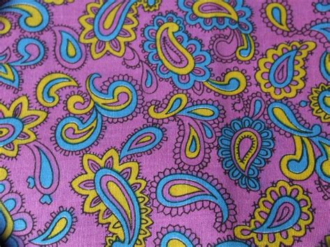 Purple Paisley Vintage 1960s Fabric Aqua Yellow 2 Yards