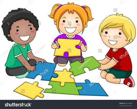 Small Group Kids Reconstructing Jigsaw Puzzle Stock Vector 60159685 - Shutterstock