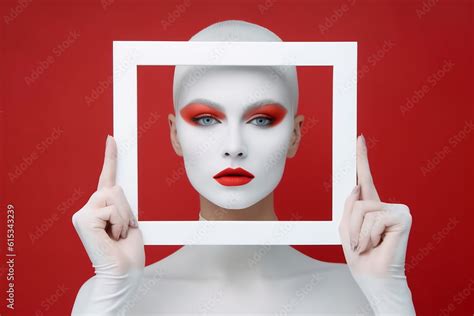 Beautiful woman with red lips and red makeup holding a frame. Fashion ...