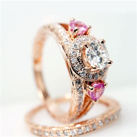 Vintage Style 14k Rose Gold Diamond Engagement Ring W/ Pink Sapphire Side Stones - Matching ...