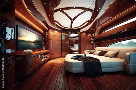 Wide-angle photo of an interior of a luxurious boat cabin with a big ...