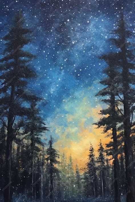 Premium AI Image | A painting of a forest scene with a starry sky and a ...