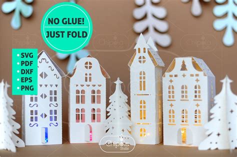 3D Christmas Houses and Trees Template SVG Decoration Lantern | Etsy