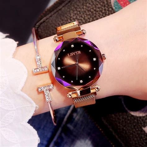 Luxury Rose Gold Women Watches Fashion Diamond Ladies Starry Sky Magnet ...