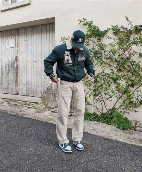 green on beige , nike dunks , green , green outfit , mens fashion , varsity jacket , green cap ...