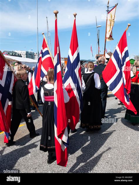 Norwegian flags, in a parade for Norwegian Constitution day, 17th May ...