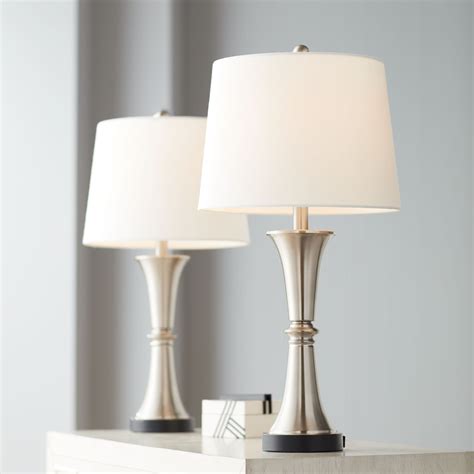 360 Lighting Modern Table Lamps Set of 2 with USB Port LED Touch On Off Silver White Drum Shade ...