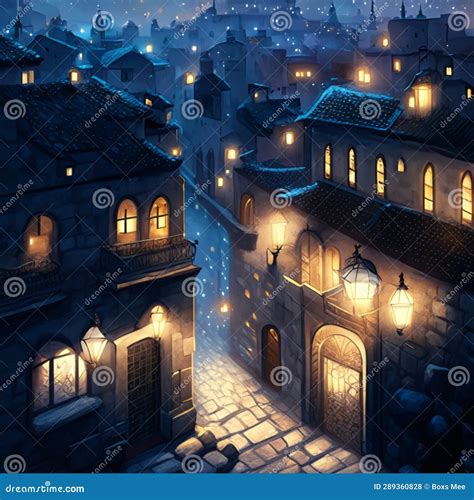 Digital Painting of a Medieval Town in the Night. Illustration Stock ...