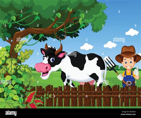 funny farm with cow cartoon and farmer life background Stock Vector Image & Art - Alamy