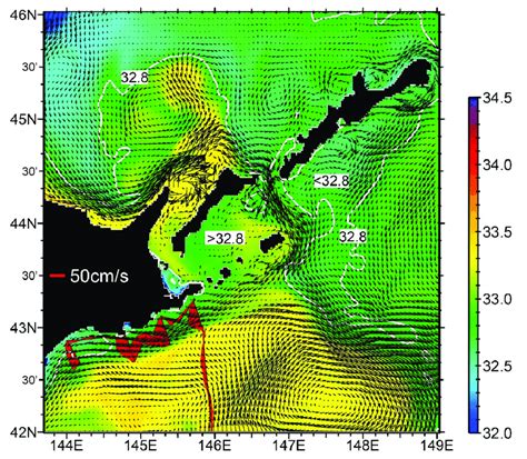 Salinity at the sea surface and current vectors at 18 m depth on 22... | Download Scientific Diagram