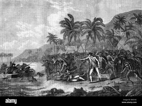 The Death of Captain James Cook at Kealakekua Bay on Hawaii ; Black and White Illustration Stock ...