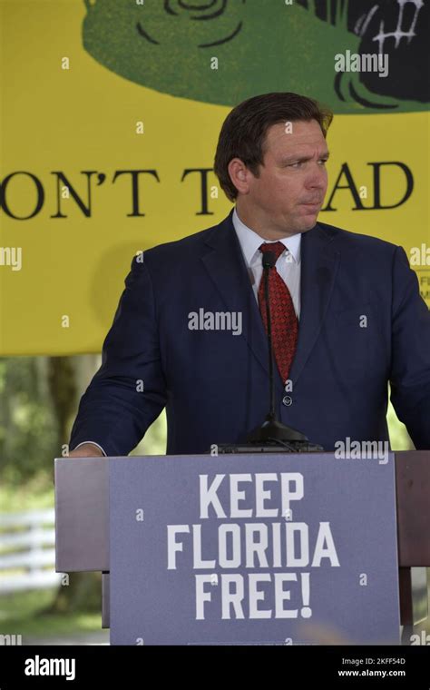 A vertical shot of Ron DeSantis during a political speech in Oviedo, FL ...