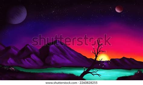 Beautiful Anime Landscape Sunset Scenery Digital Stock Illustration ...