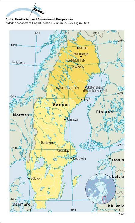 Map of Sweden showing locations mentioned in the text; Arctic areas comprise the two ...