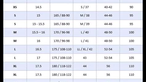 Clothing Size Comparison Chart