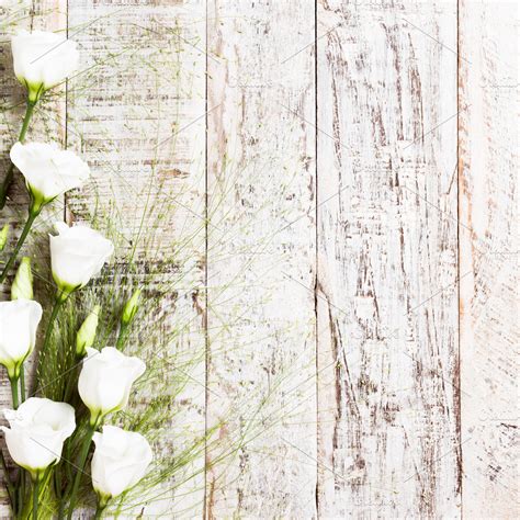 wooden background with bouquet of white flowers | High-Quality Food Images ~ Creative Market