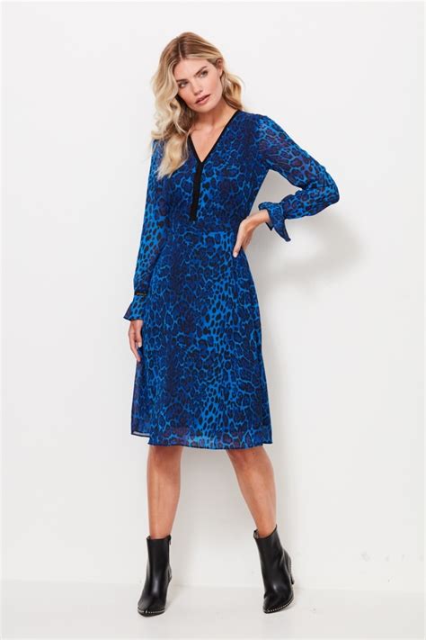 Sapphire Blue Leopard Print V Neck Dress