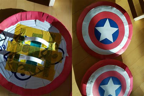 Captain America shield made of cardboard. Plastic giftbox handles were ...