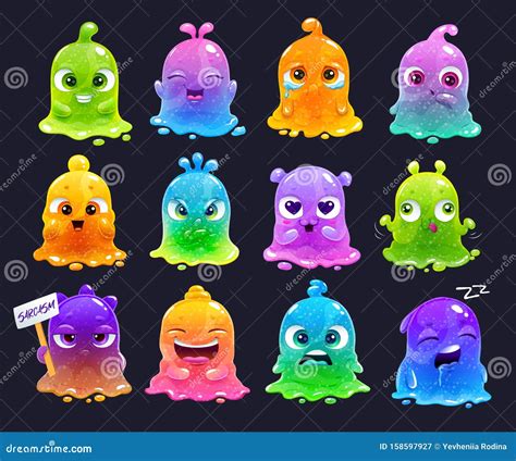 Little Cute Cartoon Colorful Glitter Slime Characters Set. Stock Vector ...