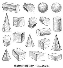 Geometrisches Figurensatz. Gravieren von Retro-Objekt-Vintage-Kollektion: Stock-Vektorgrafik ...