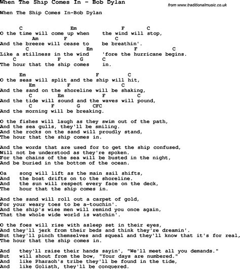 Song When The Ship Comes In by Bob Dylan, song lyric for vocal ...