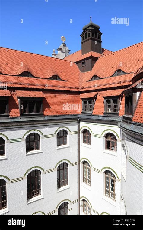 Leipzig city, Germany. New City Hall (Neues Rathaus) courtyard view ...