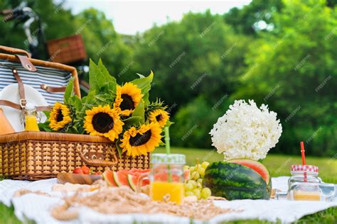 Premium Photo | Summer picnic concept on sunny day with watermelon, fruit, bouquet hydrangea and ...