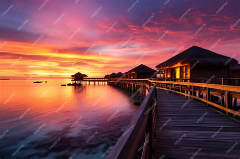 Premium Photo | Idyllic Maldives sunset overwater villas sandy beach a ...