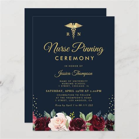 Modern burgundy navy floral Nurse pinning ceremony Invitation | Zazzle.com