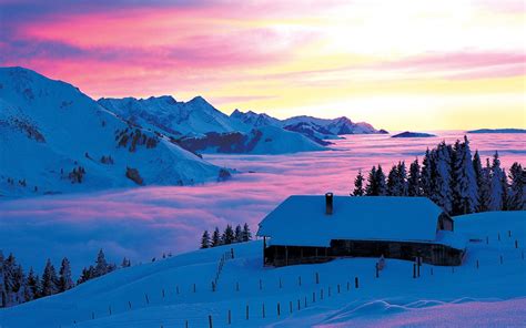 Download Switzerland Tree Mountain Landscape House Sunset Snow Photography Winter Wallpaper