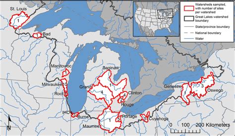 Map of the Great Lakes watershed and the basins sampled within it ...