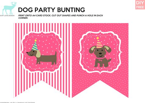 a pink party bunting with two dogs wearing birthday hats and one dog in a party hat