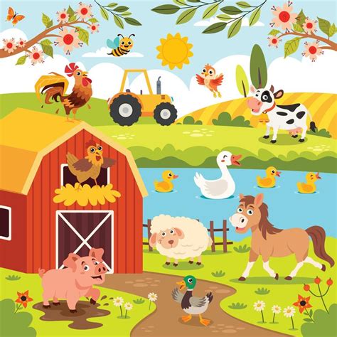 Farm Scene With Cartoon Animals 16260891 Vector Art at Vecteezy