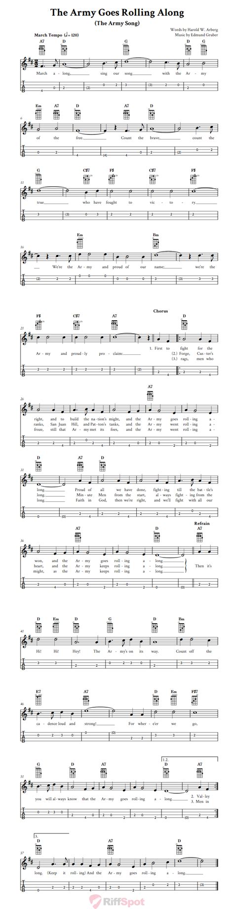 The Army Goes Rolling Along - Easy Baritone Ukulele Sheet Music and Tab ...