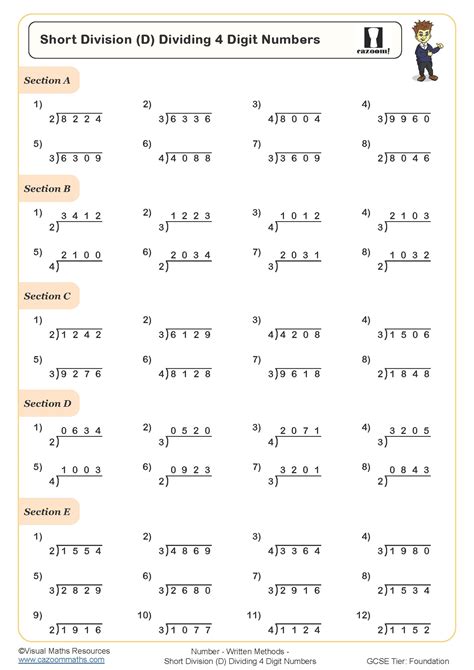 Short Division (D) Dividing 4 Digit Numbers Worksheet | Key Stage 2 PDF Number Worksheets