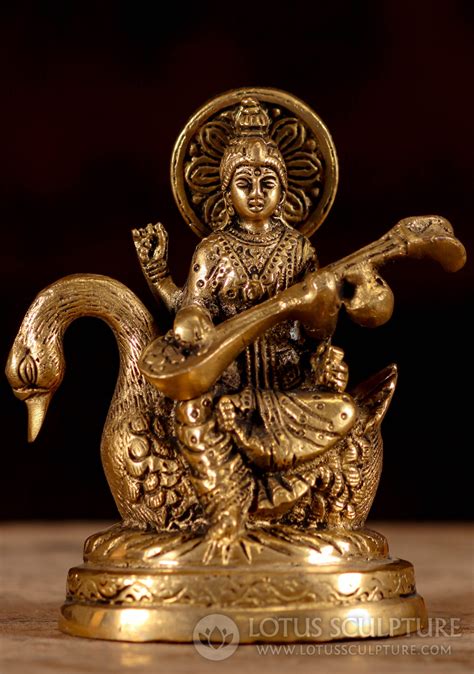 Small Golden Brass Seated Saraswati Statue Playing The Veena Seated on a Lotus Base 5" (#160bs56 ...