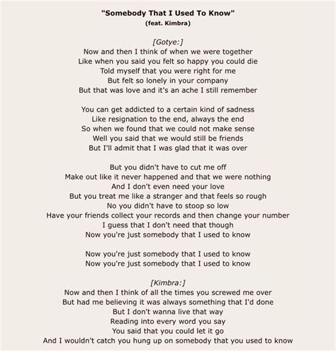 Somebody That I Used To Know Lyrics | Lyrics, Beautiful lyrics, Sayings