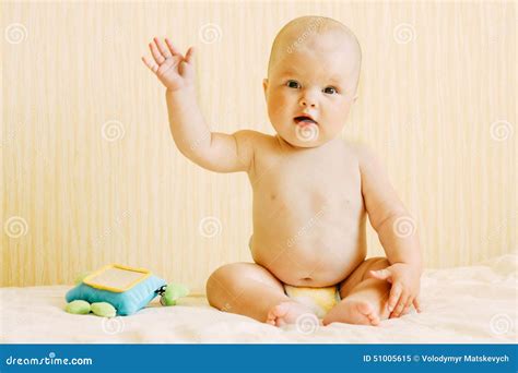 Child Sends Hello. Baby Waving. Stock Image - Image of headed, calf ...