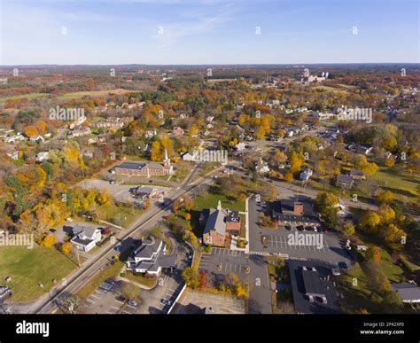 Tewksbury historic town center aerial view on Main Street in fall, Tewksbury, Massachusetts, MA ...