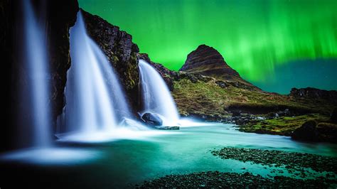 Iceland waterfall river night aurora 4K Ultra HD-2560x1440 Download | 10wallpaper.com